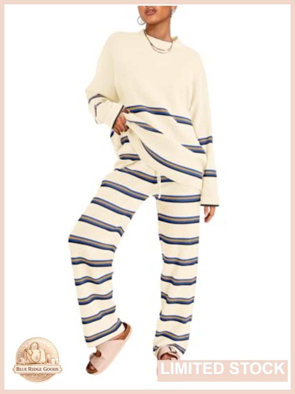 LILLUSORY 2 Piece Striped Sweater Lounge Set Batwing Sleeve Wide Leg